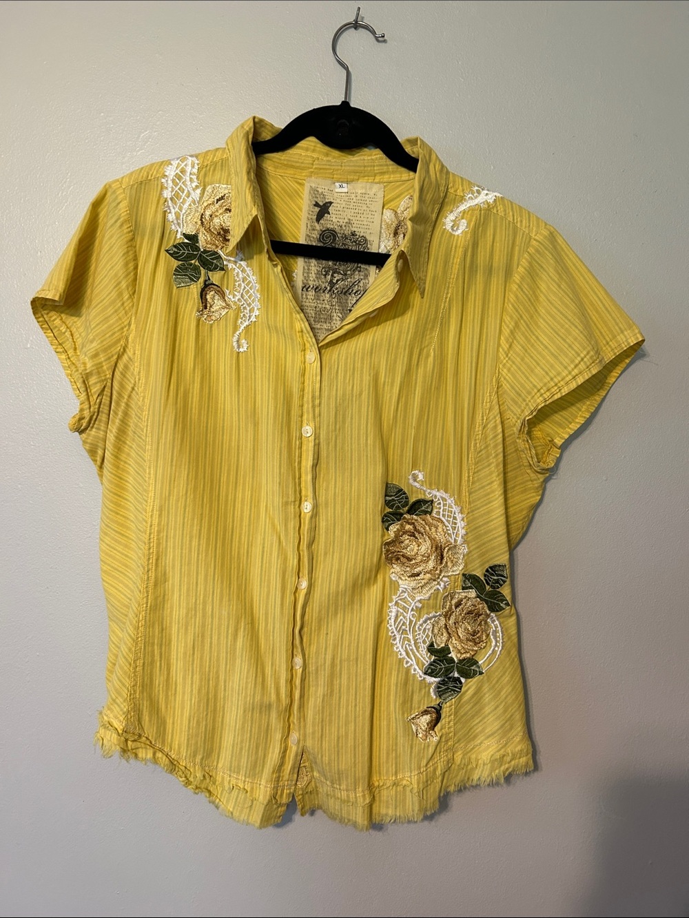 Workshop Republic Clothing Yellow Striped Button-Down Top with Rose Embroidery